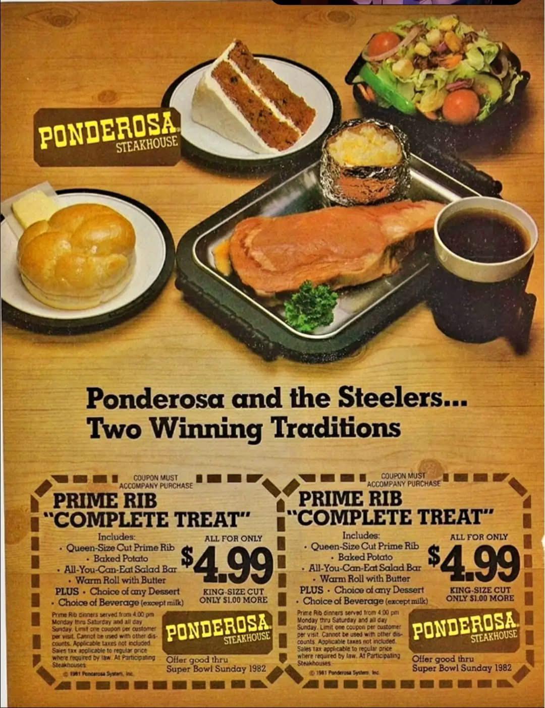 Prime rib "complete treat" ad for under five bucks in 1982.
